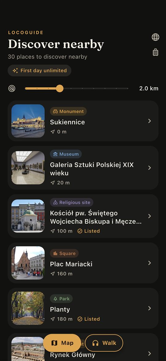 List of nearby places in the LocoGuide app