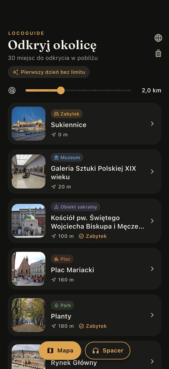 Lista miejsc w pobliżu w aplikacji LocoGuide